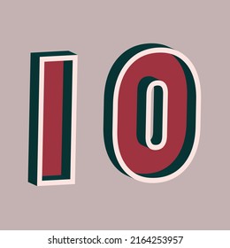 Vector number 10 with 3D effect in retro style. Well red and Deep Teal colors. Vector illustration