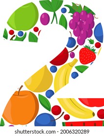 The vector number 2 is made of ripe fruit. An illustration on the topic of numbers and counting.