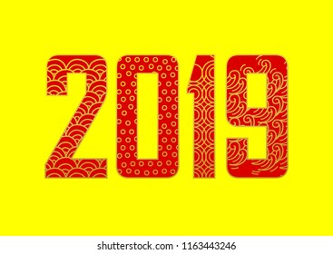 Vector number 2019 with decorative gold ornaments in Chinese style on yellow background. Decor with traditional China pattern. Element for New Year's design. Used for advertising, greetings, discount