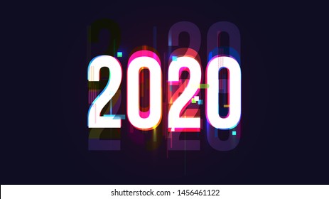 Vector number 2020 in distorted glitch style. Happy new year design concept. Minimalistic trendy illustration for branding banner, cover, poster, card.