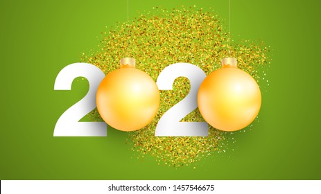 Vector number 2020 with golden christmas toy ball. Happy new year design concept. Minimalistic trendy illustration for branding banner, cover, poster, card.
