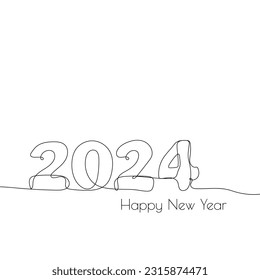 Vector number 2024 hand drawn with one continuous single line. 2024 Happy New Year greeting card in sketch style.