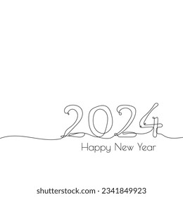 Vector number 2024 hand drawn with one continuous single line. 2024 Happy New Year greeting card in sketch style.