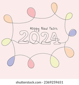 Vector número 2024 dibujado a mano con una línea de arte continuo y feliz estilo de tarjeta de felicitación de año nuevo. 