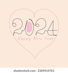 Vector número 2024 dibujado a mano con una línea de arte continuo y feliz estilo de tarjeta de felicitación de año nuevo. 