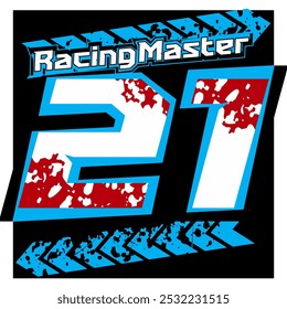 Vector number 21 and RACING MASTER text, abstract blue color, racing design.