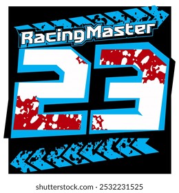 Vector number 23 and cool RACING MASTER text, abstract blue color, racing design.