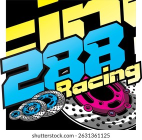 Número de Vector 288 y texto de carreras azul y amarillo, ilustración de accesorios de freno de disco, diseño elegante de impresión de pegatinas.