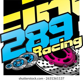 Número de Vector 289 y texto de carreras azul y amarillo, ilustración de accesorios de freno de disco, diseño simple de impresión de pegatinas.