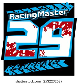 Vector número 29 y su variación de forma pana azul, concepto de carreras, diseño de impresión de pegatinas, texto fresco RACING MASTER.