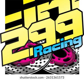 Vector number 299 and blue and yellow racing text, disc brake accessory illustration, elegant 3D design, colorful background,