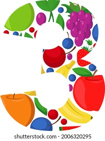 The vector number 3 is made of ripe fruit. An illustration on the topic of numbers and counting.