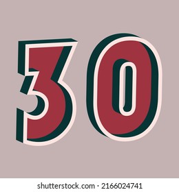 Vector number 30 with 3D effect in retro style. Well red and Deep Teal colors. Vector illustration