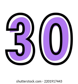 Vector número 30 con color púrpura y contorno negro. Ilustración del vector