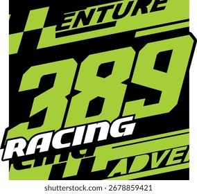 Vector número 389 verde y texto RACING, concepto de diseño de impresión de pegatinas, fondo abstracto.