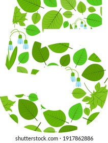 Vector number 5 of spring fresh green leaves and flowers. Illustration on the theme of numbers and counting.