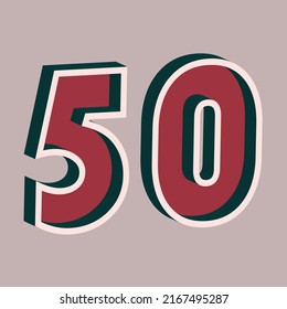 Vector number 50 with 3D effect in retro style. Well red and Deep Teal colors. Vector illustration