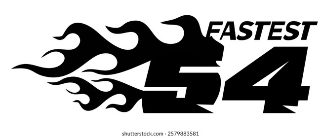 Vector number 54 black and fire illustration, racing design, white background.