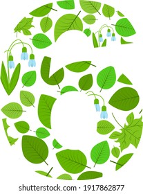 Vector number 6 of spring fresh green leaves and flowers. Illustration on the theme of numbers and counting.