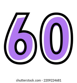Vector number 60 with purple color and black outline. Vector illustration