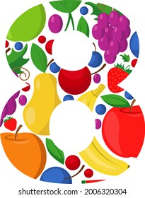 The vector number 8 is made of ripe fruit. An illustration on the topic of numbers and counting.