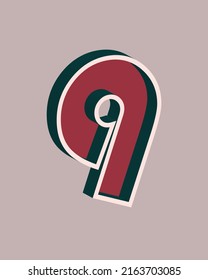 Vector number 9 with 3D effect in retro style. Well red and Deep Teal colors. Vector illustration