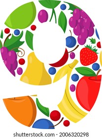 The vector number 9 is made of ripe fruit. An illustration on the topic of numbers and counting.
