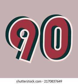 Vector number 90 with 3D effect in retro style. Well red and Deep Teal colors. Vector illustration