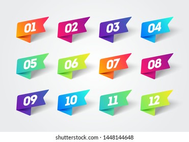 Vector Number Bullet Point 1 to 12 Colorful Label Ribbons Set