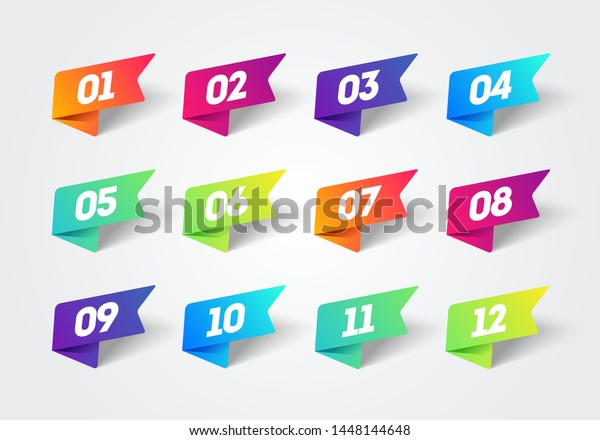 Vector Number Bullet Point 1 to 12 Colorful Label\
Ribbons Set