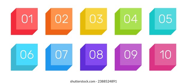 Vector number bullet point collection. 3d geometric shapes colorful labels set.