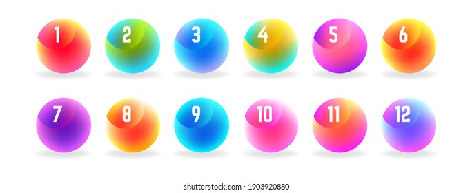 Vector number bullet points 1 to 12. Trendy round shapes. Modern colorful markers.