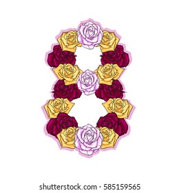 Vector number eight with many roses. Happy women's day. Illustration isolated on white background. 