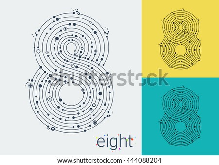 Vector number eight on a bright and colorful background. Mathematical symbols in techno style, created by interplay of lines and points. Template can be used for posters, banners, presentations.