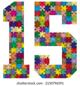 Vector Number Fifteen Made From Colorful Puzzle Pieces. Vector Illustration Of Number 15 Made Of Puzzle
