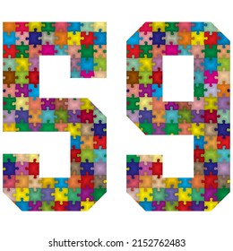 Vector Number Fifty Nine Made From Colorful Puzzle Pieces. Vector Illustration Of Number 59 Made Of Puzzle
