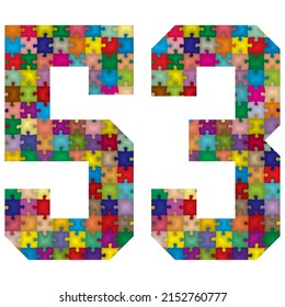 Vector Number Fifty Three Made From Colorful Puzzle Pieces. Vector Illustration Of Number 53 Made Of Puzzle
