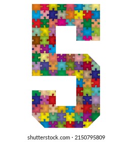 Vector Number Five Made From Colorful Puzzle Pieces. Vector Illustration Of Number 5 Made Of Puzzle
