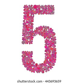 Vector number five made of colorful flowers on white background.