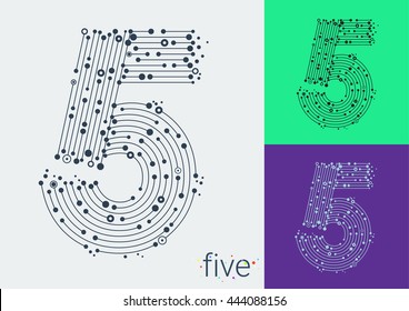 Vector number five on a bright and colorful background. Mathematical symbols in techno style, created by interplay of lines and points. Template can be used for posters, banners, presentations.