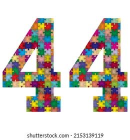 Vector Número Cuarenta Y Cuatro Hecho De Piezas De Rompecabezas Coloridas. Ilustración Vectorial Del Número 44 Hecho De Rompecabezas
