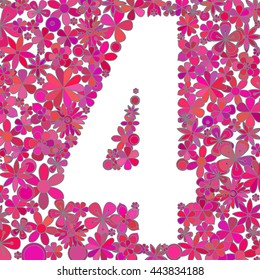 Vector number four made of colorful flowers on white background.