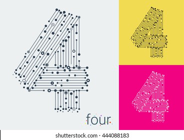 Vector number four on a bright and colorful background. Mathematical symbols in techno style, created by interplay of lines and points. Template can be used for posters, banners, presentations.