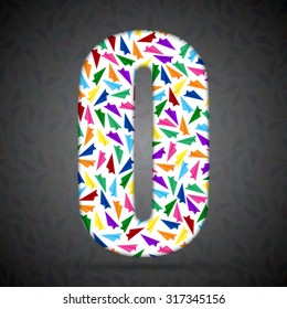 Vector number made paper plane - 0. Concept toy font shape of aircraft, airplane, fly wings. Creative figure type, alphabet, font. Colorful, multicolor, colour child numbers.