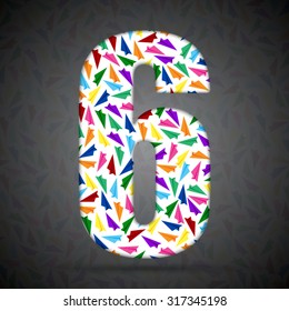 Vector number made paper plane - 6. Concept toy font shape of aircraft, airplane, fly wings. Creative figure type, alphabet, font. Colorful, multicolor, colour child numbers.