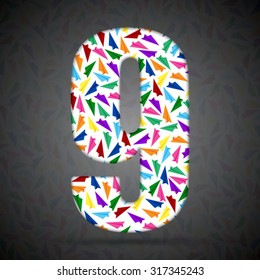 Vector number made paper plane - 9. Concept toy font shape of aircraft, airplane, fly wings. Creative figure type, alphabet, font. Colorful, multicolor, colour child numbers.
