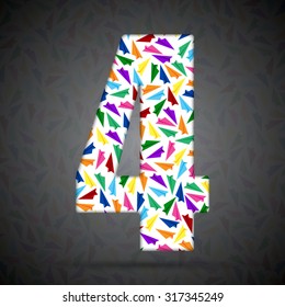Vector number made paper plane - 4. Concept toy font shape of aircraft, airplane, fly wings. Creative figure type, alphabet, font. Colorful, multicolor, colour child numbers.