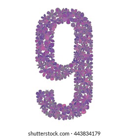 Vector number nine made of colorful flowers on white background.