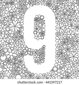 Vector number nine made of flowers in black and white.