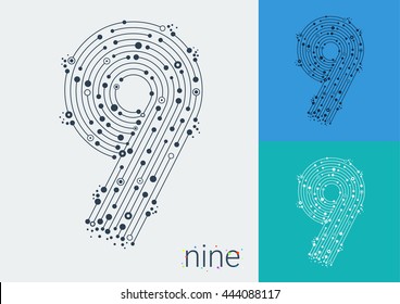 Vector number nine on a bright and colorful background. Mathematical symbols in techno style, created by interplay of lines and points. Template can be used for posters, banners, presentations.